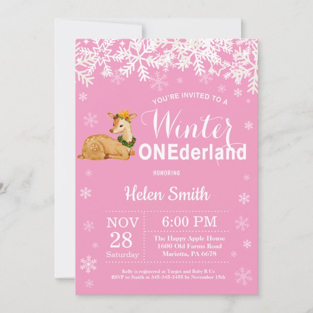 Vinter Onederland Deer Girl 1-årsdag Inbjudningar (Framsida)