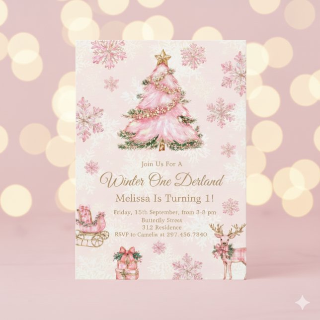 Vinter Onederland-flicka 1-års födelsedag Rosa snö Inbjudningar (Skapare uppladdad)