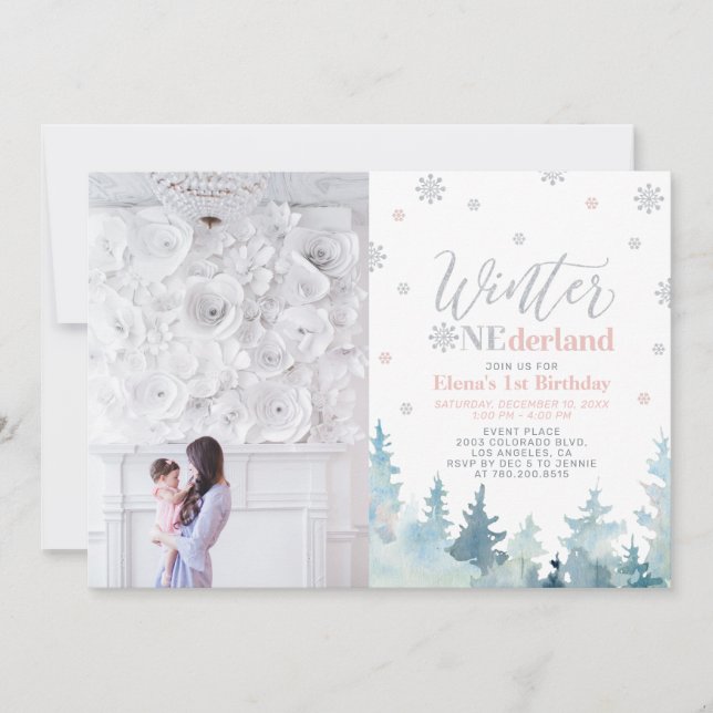 Vinter Onederland Flicka 1-års födelsedagsfoto Inbjudningar (Framsida)