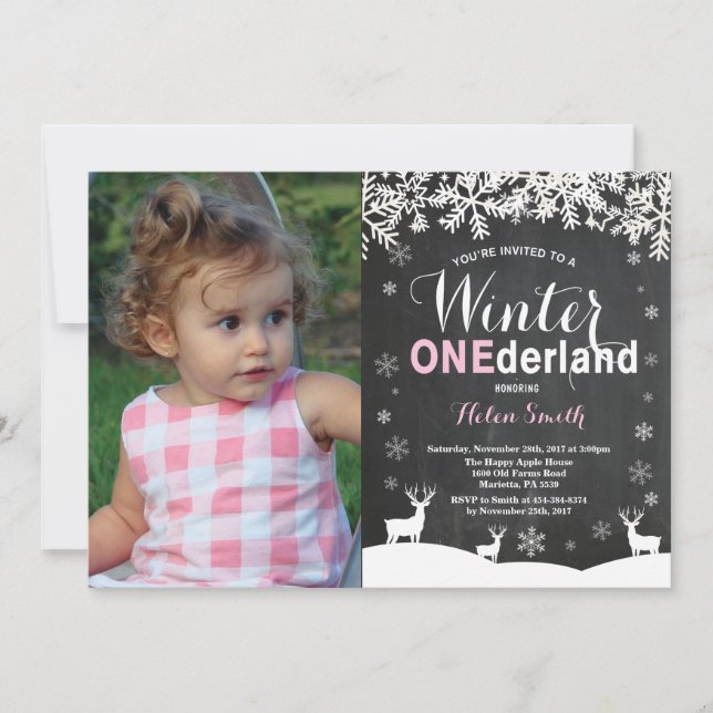 Vinter Onederland Flicka 1-års fotobild Inbjudningar (Framsida)