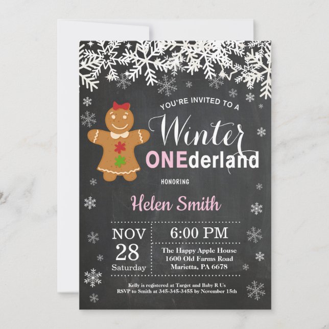 Vinter Onederland Flicka 1-årsdag Inbjudningar (Framsida)