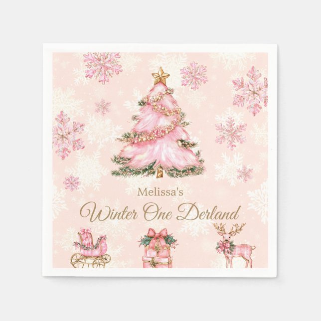 Vinter Onederland Flicka 1-årsdag Rosa Snöflinga Pappersservett (Framsidan)