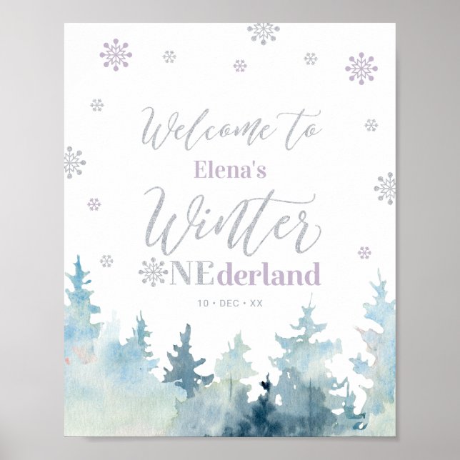 Vinter onederland Flickas 1-års välkomstskylt Poster (Framsidan)