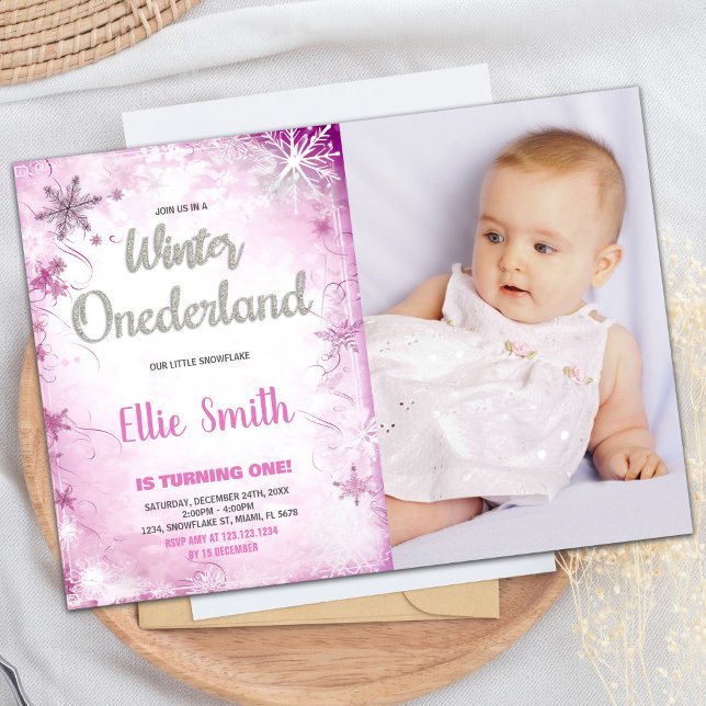 Vinter ONEderland Födelsedagsinbjudningar Rosa Fot Inbjudningar (Winter ONEderland Birthday Invitations Pink Photo)