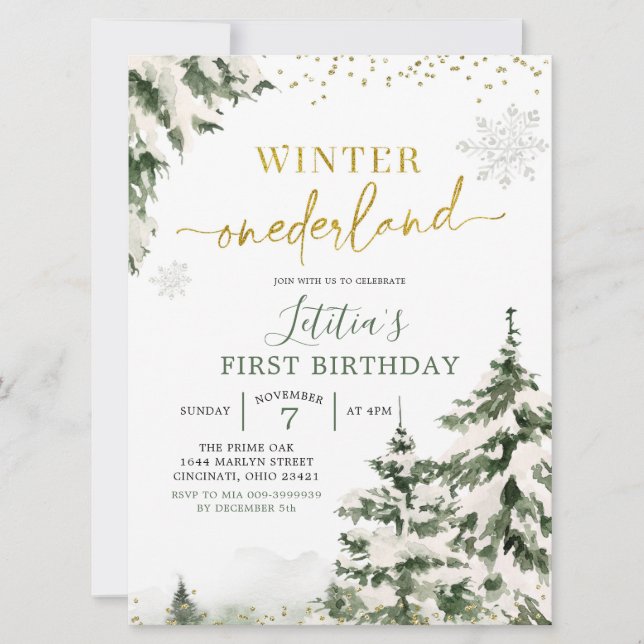 Vinter Onederland Forest First Birthday-inbjudan Inbjudningar (Framsida)