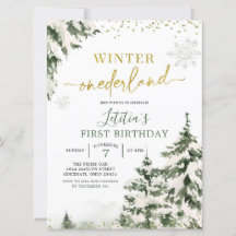 Vinter Onederland Forest First Birthday-inbjudan