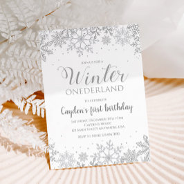 Vinter Onederland Första födelsedag Silver Snöflin Inbjudningar