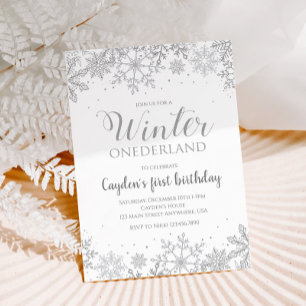 Vinter Onederland Första födelsedag Silver Snöflin Inbjudningar