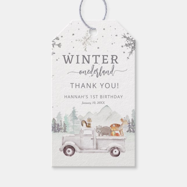 Vinter Onederland Första Födelsedags Tack Favor Presentetikett (Framsidan)