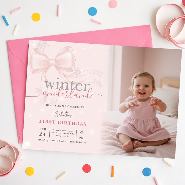Vinter ONEderland Foto Rosa Slöja Första Födelseda Inbjudningar (Skapare uppladdad)