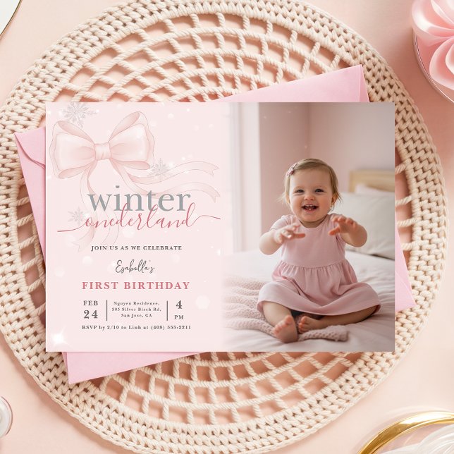 Vinter ONEderland Foto Rosa Slöja Första Födelseda Inbjudningar (Skapare uppladdad)