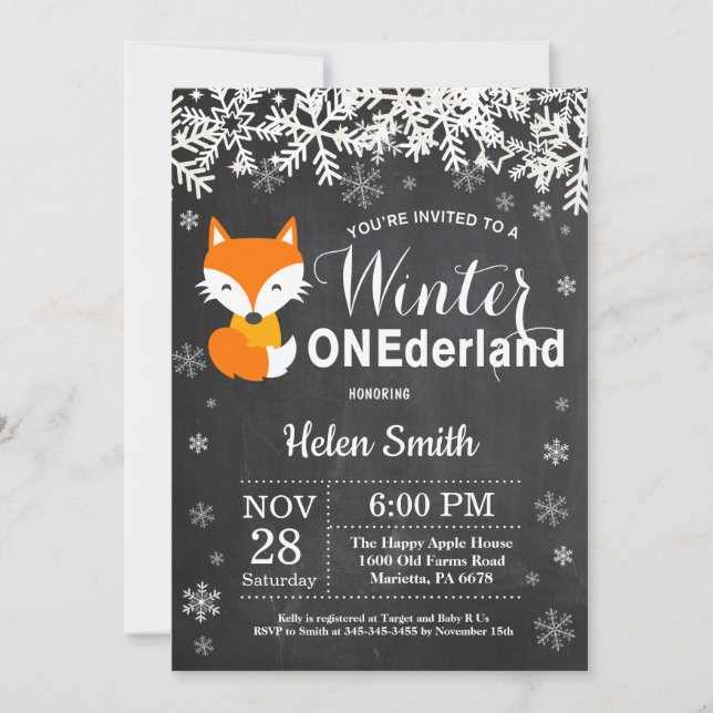 Vinter Onederland Fox 1-års inbjudan (Framsida)
