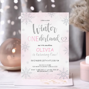 Vinter Onederland Girl Birthday Rosa Investigation Inbjudningar