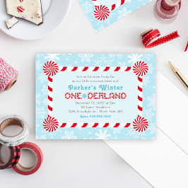 Vinter ONEderland Godisrand Födelsedagsfest Inbjudningar