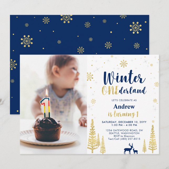Vinter Onederland, Guld & Marinblå Pojke 1-års Föd Inbjudningar (Fram/baksida)