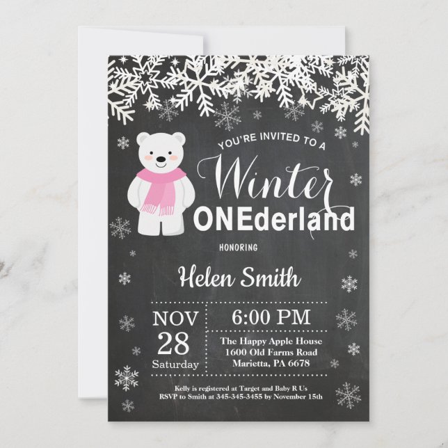 Vinter Onederland Isbjörn Flicka 1-årsdag Inbjudningar (Framsida)