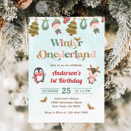 Vinter Onederland Jul 1:a födelsedag Party Inbjudningar