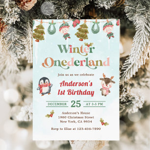 Vinter Onederland Jul 1:a födelsedag Party Inbjudningar