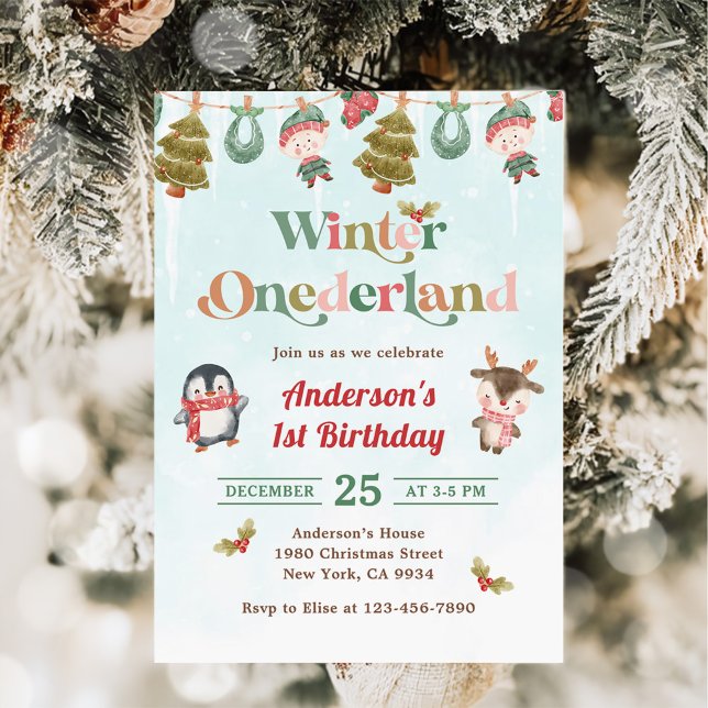Vinter Onederland Jul 1:a födelsedag Party Inbjudningar (Skapare uppladdad)