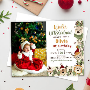 Vinter ONEderland Jul Reindeer Birthday Inbjudningar