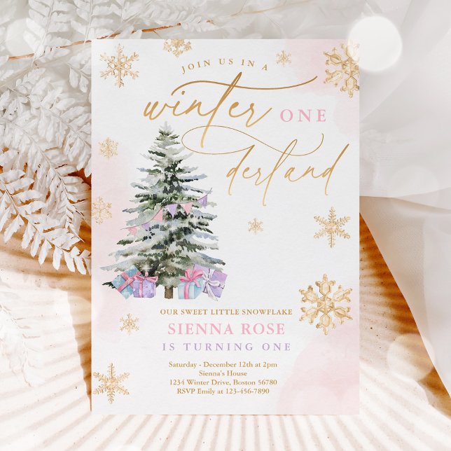 Vinter Onederland Juldag Rosa & Guld Birthday Inbjudningar (Skapare uppladdad)