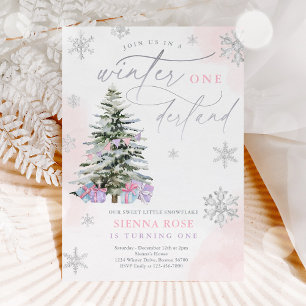 Vinter Onederland Juldag Rosa & Silver Birthday Inbjudningar