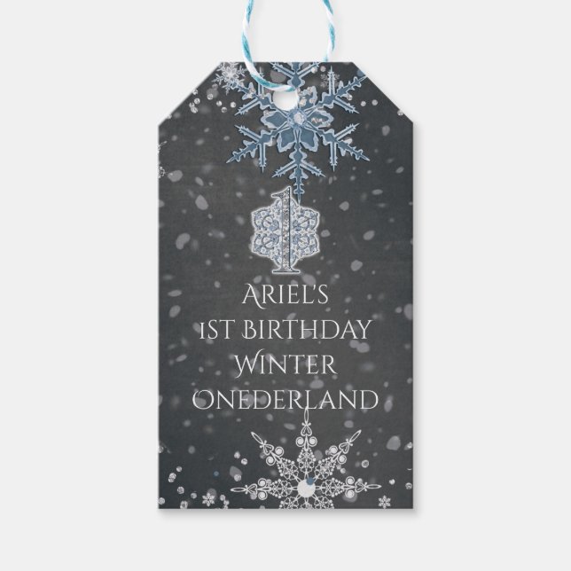 Vinter ONEderland Krita Blågrå Anpassad Fest Presentetikett (Framsidan)