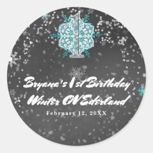 Vinter ONEderland Krita Teal & Lila 1-årsdag Runt Klistermärke