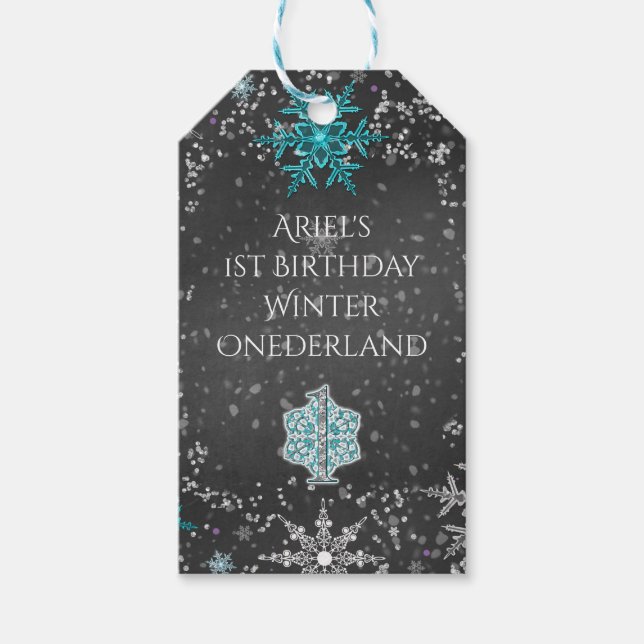 Vinter ONEderland Krita Teal & Lila Anpassad Fest Presentetikett (Framsidan)