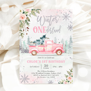 Vinter ONEderland Lastbil Rosa Flicka 1-årsfest Inbjudningar