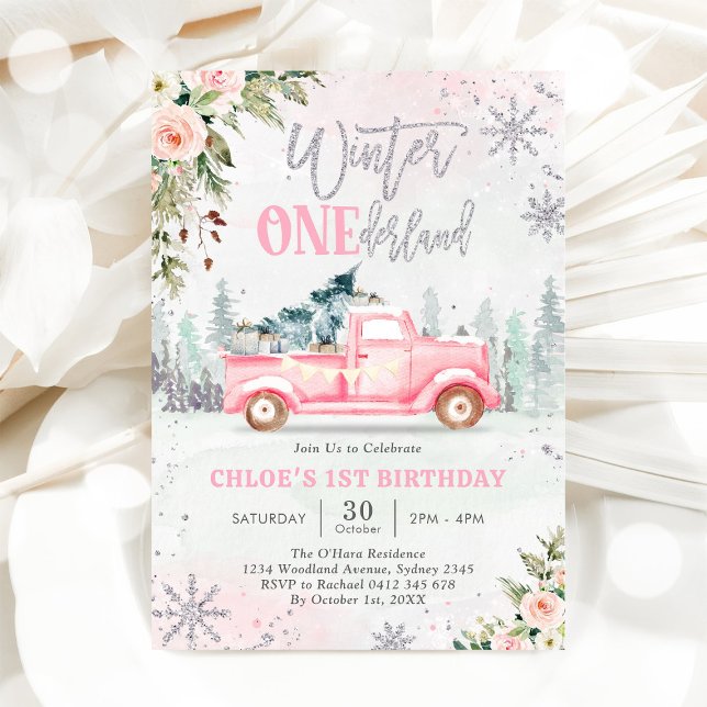 Vinter ONEderland Lastbil Rosa Flicka 1-årsfest Inbjudningar (Skapare uppladdad)
