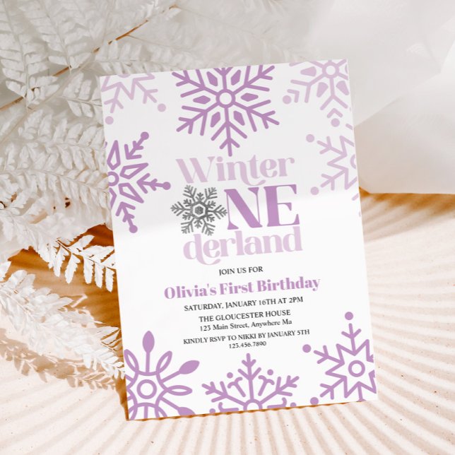 Vinter Onederland Lila Snöflinga 1-årsfirande Inbjudningar (Skapare uppladdad)