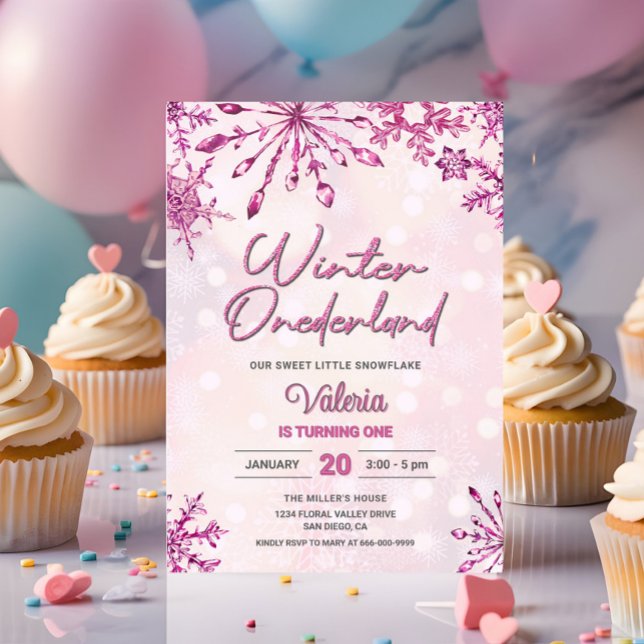 Vinter Onederland Liten Snöflinga 1-årsdag Inbjudningar (Pink snowflakes winter onederland 1st birthday party invitation)