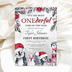 Vinter Onederland Penguin jul 1:a födelsedag Inbjudningar