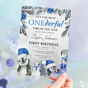 Vinter Onederland Penguin jul 1:a födelsedagen I Inbjudningar