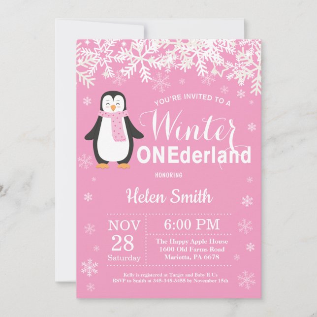 Vinter Onederland Pingvintjej 1-årsdag Inbjudningar (Framsida)