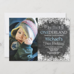Vinter Onederland Pojke 1-års Födelsedagsfoto Inbjudningar