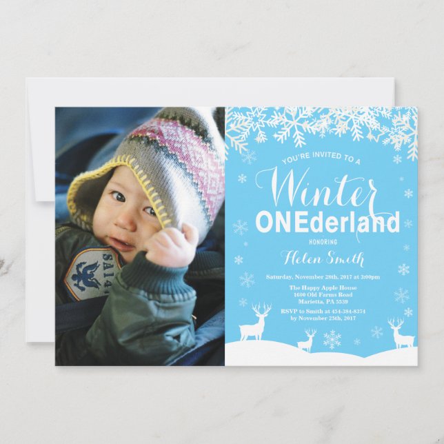 Vinter Onederland Pojke 1-års Födelsedagsfoto Inbjudningar (Framsida)
