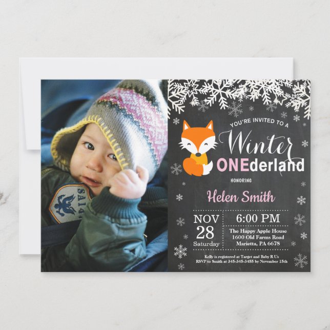 Vinter Onederland Rävrysare 1-årsdag Inbjudningar (Framsida)