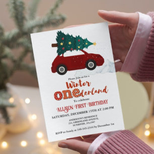 Vinter Onederland Red Car med Träd 1:a födelsedage Inbjudningar