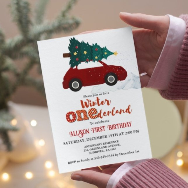 Vinter Onederland Red Car med Träd 1:a födelsedage Inbjudningar (Skapare uppladdad)