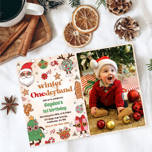 Vinter Onederland Retro jul 1:a födelsedag Inbjudningar