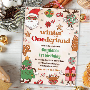 Vinter Onederland Retro jul 1:a födelsedag Inbjudningar