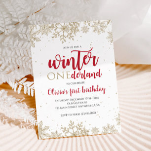 Vinter Onederland Röd 1-årsdag Guld Snöflingor Inbjudningar