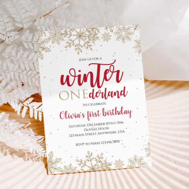 Vinter Onederland Röd 1-årsdag Guld Snöflingor Inbjudningar (Skapare uppladdad)