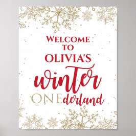 Vinter Onederland Röd 1-årsdag Guld Snöflingor Poster