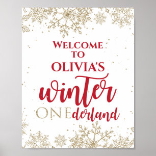 Vinter Onederland Röd 1-årsdag Guld Snöflingor Poster