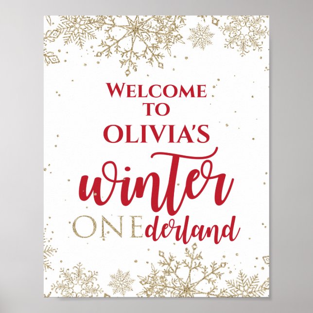 Vinter Onederland Röd 1-årsdag Guld Snöflingor Poster (Framsidan)