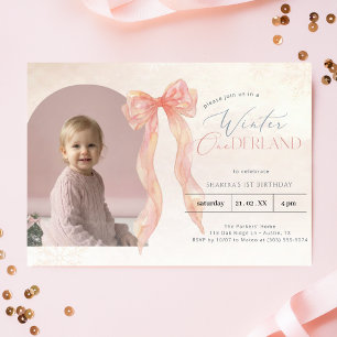Vinter Onederland Rosa Båge 1-års Födelsedags Foto Inbjudningar