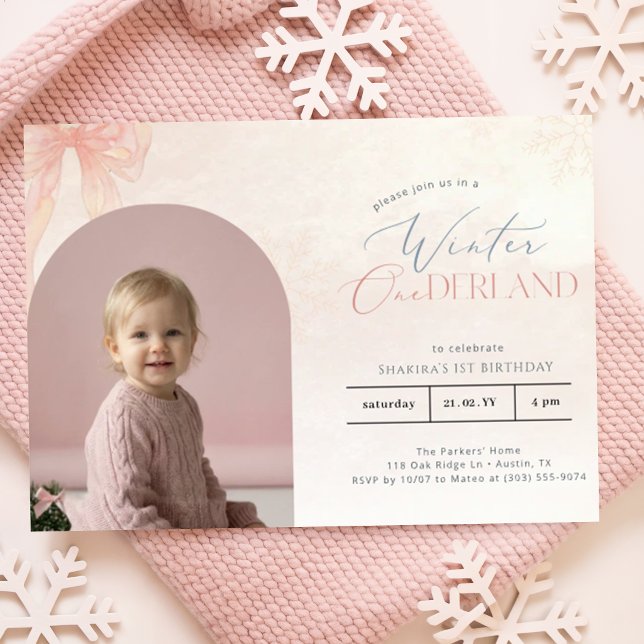 Vinter Onederland Rosa Båge Ark Foto 1-årsdag Inbjudningar (Skapare uppladdad)